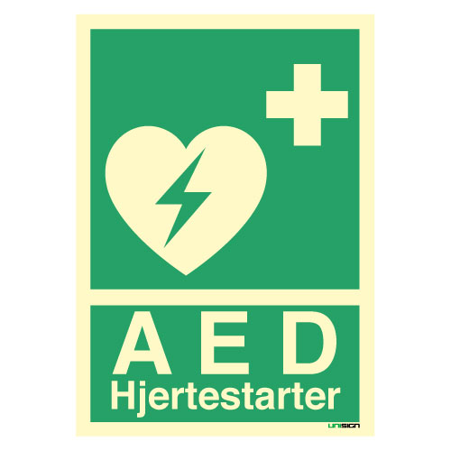 AED Hjertestarter med symbol og tekst - ISO 7010 - Unisign.no