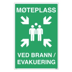 Møteplass ved brann og evakuering med symbol og tekst - Unisign.no