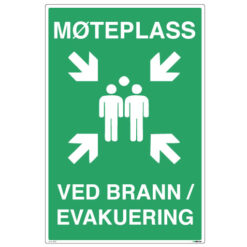 Møteplass ved brann og evakuering med symbol og tekst - Unisign.no