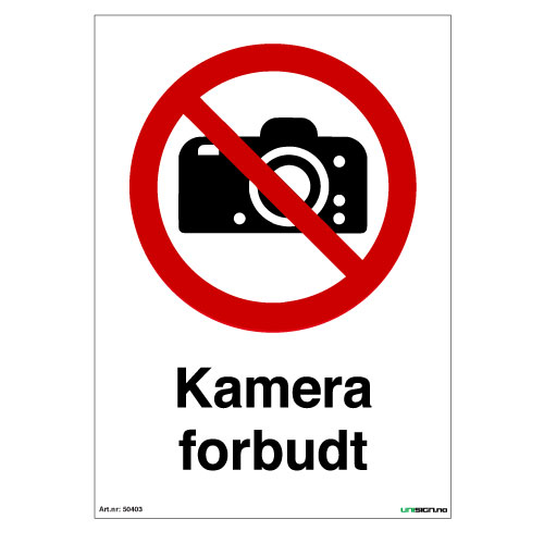 Kamera forbudt skilt med symbol og tekst - Forbudsskilt - Unisign as