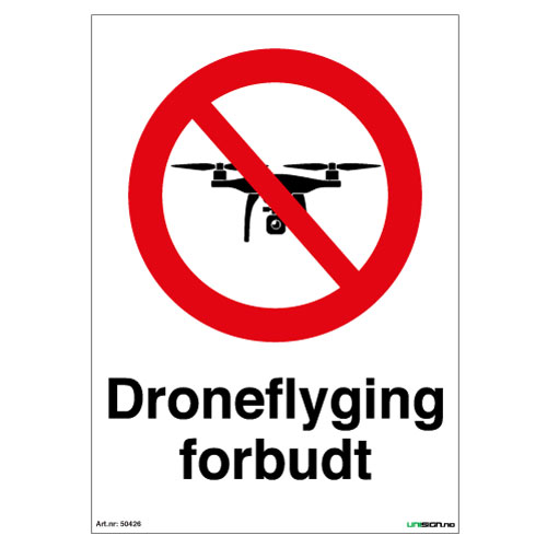 Droneflygning forbudt skilt med symbol og tekst - Forbudsskilt - Unisign as