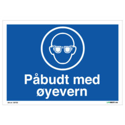 Påbudt med øyevern skilt er et påbudsskilt som opplyser om at det påbudt å bruke vernebriller her. Alle våre påbudsskilt leveres med korrekte symboler