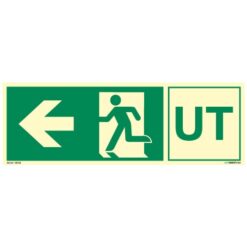 Nødutgangsskilt pil venstre - UT med symbol og tekst - Unisign as