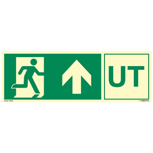 Nødutgangsskilt pil opp - UT med symbol og tekst - Unisign as