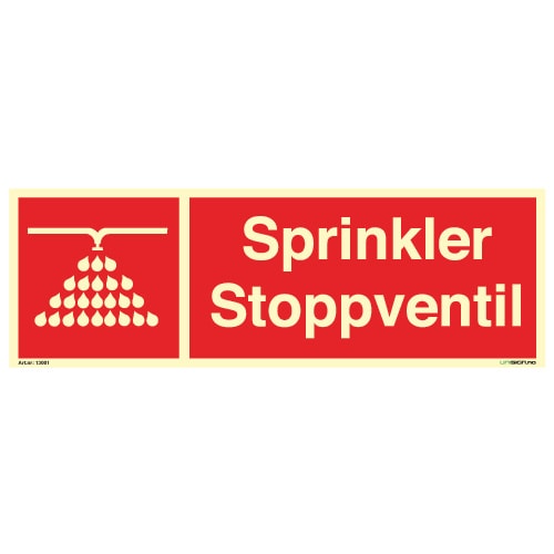 Sprinkler stoppventil med symbol og tekst - Brannskilt - Unisign.no