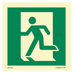 IMO Skilt med symbol som viser at rømningsveien får til venstre. Etterlysende plast eller vinyl i størrelse 150 x 150 mm. Rask levering til hele Norge