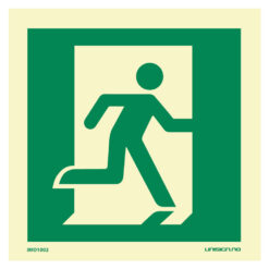 IMO Skilt med symbol som viser at rømningsveien går til høyre. Etterlysende plast eller vinyl i størrelse 150 x 150 mm. Rask levering til hele Norge