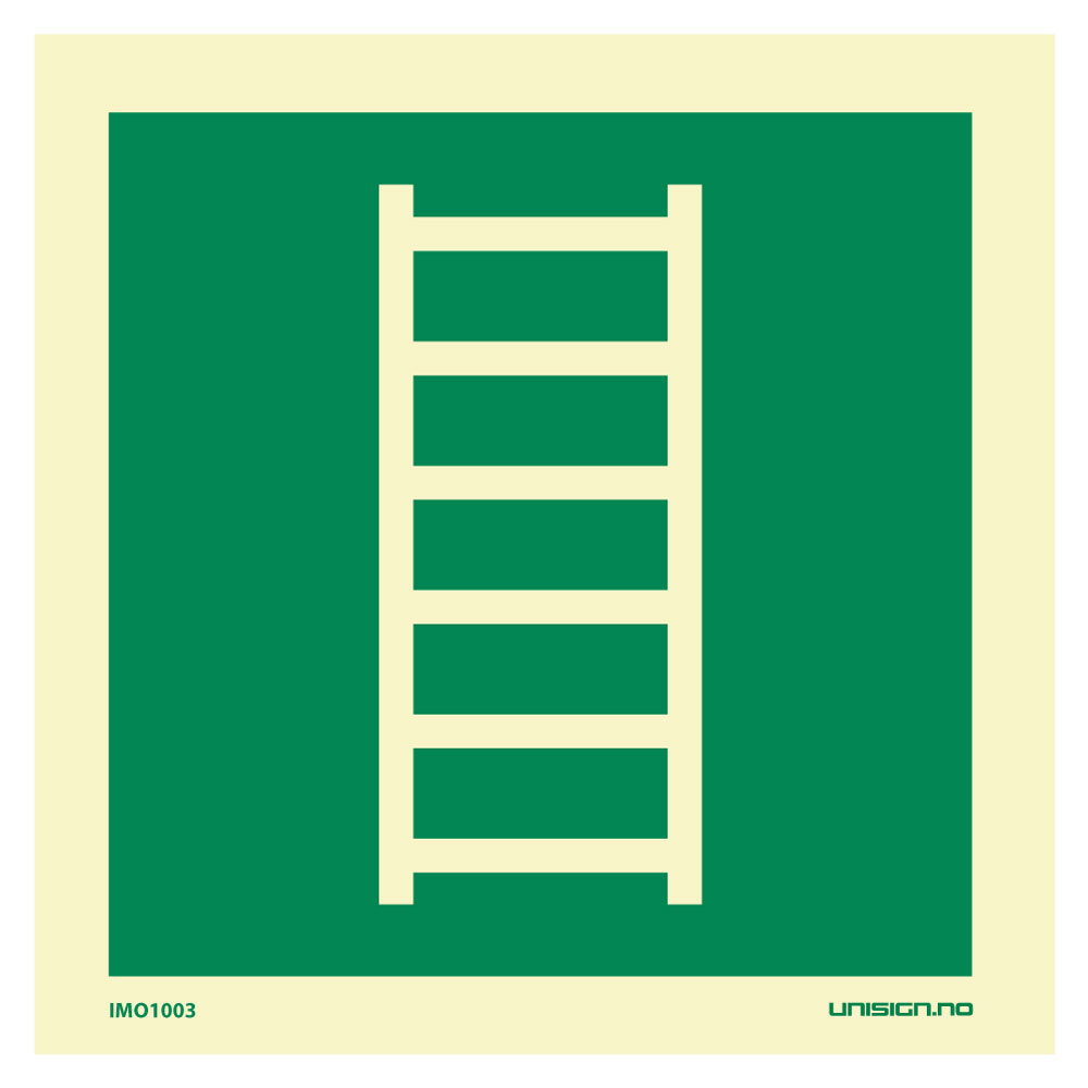 IMO Skilt med symbol som viser hvor nødstigen befinner seg. Etterlysende plast eller vinyl i størrelse 150 x 150 mm. Rask levering til hele Norge
