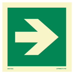 IMO Skilt med symbol som viser hvilken retning rømningsveien går. Etterlysende plast eller vinyl i størrelse 150 x 150 mm. Rask levering til hele Norge