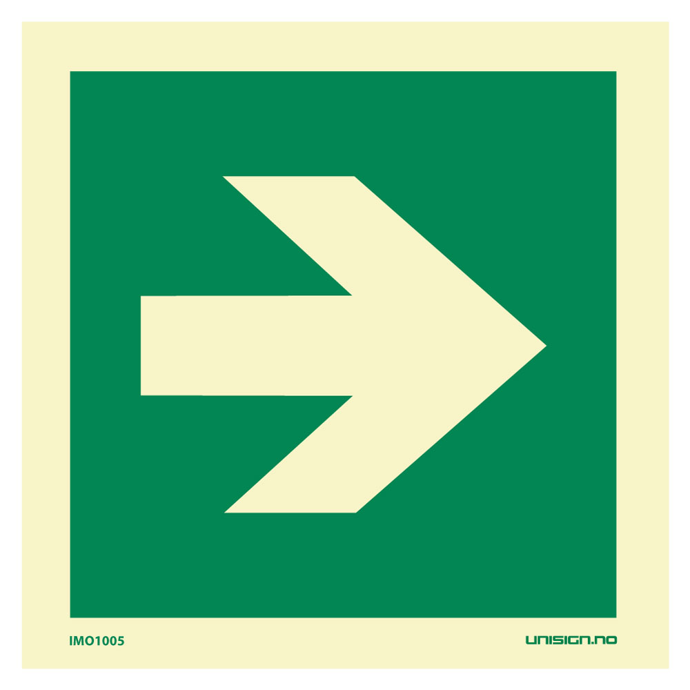 IMO Skilt med symbol som viser hvilken retning rømningsveien går. Etterlysende plast eller vinyl i størrelse 150 x 150 mm. Rask levering til hele Norge
