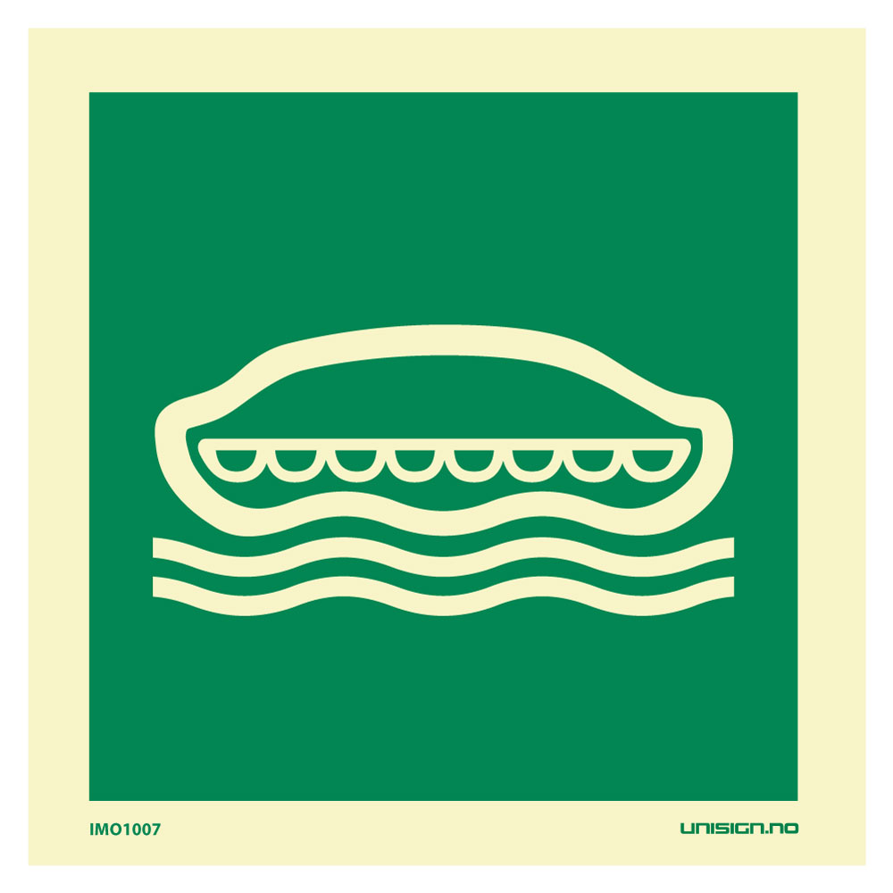 IMO Skilt med symbol som viser hvor redningsflåten befinner seg. Etterlysende plast eller vinyl i størrelse 150 x 150 mm. Rask levering til hele Norge