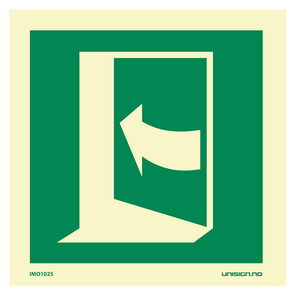 IMO skilt skyv til høyre for å åpne døren. Tydelig skilting kan være avgjørende i en nødsituasjon. Produseres iht ISO 16069. Rask levering til hele Norge