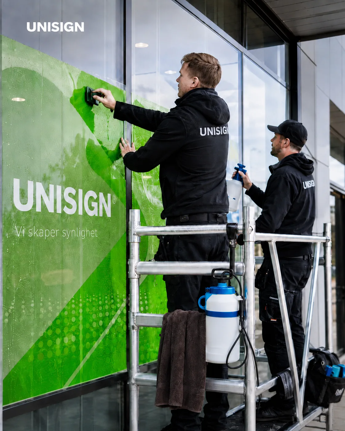 To montører på et stillas påfører grønn folie med UNISIGN-profilering på en glassfasade.