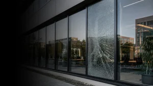 Sikkerhetsfilm montert på enkKnust glassrute der glasset fortsatt holdes samlet