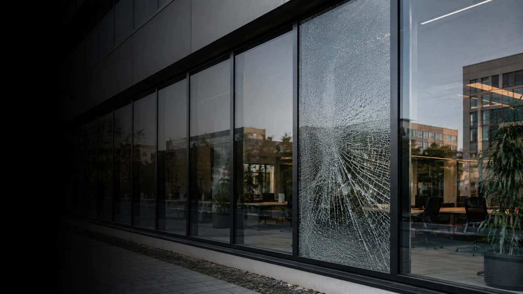 Sikkerhetsfilm montert på enkKnust glassrute der glasset fortsatt holdes samlet